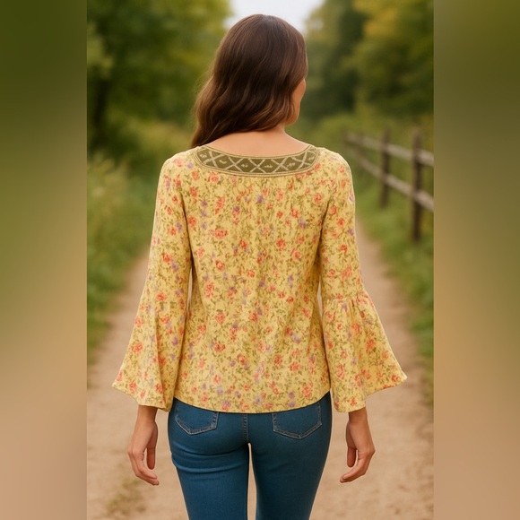 Boho Blooms Yellow Floral Tunic Top The Pioneer Woman Rustic Charm EUC XL #2427 - Picture 3 of 13